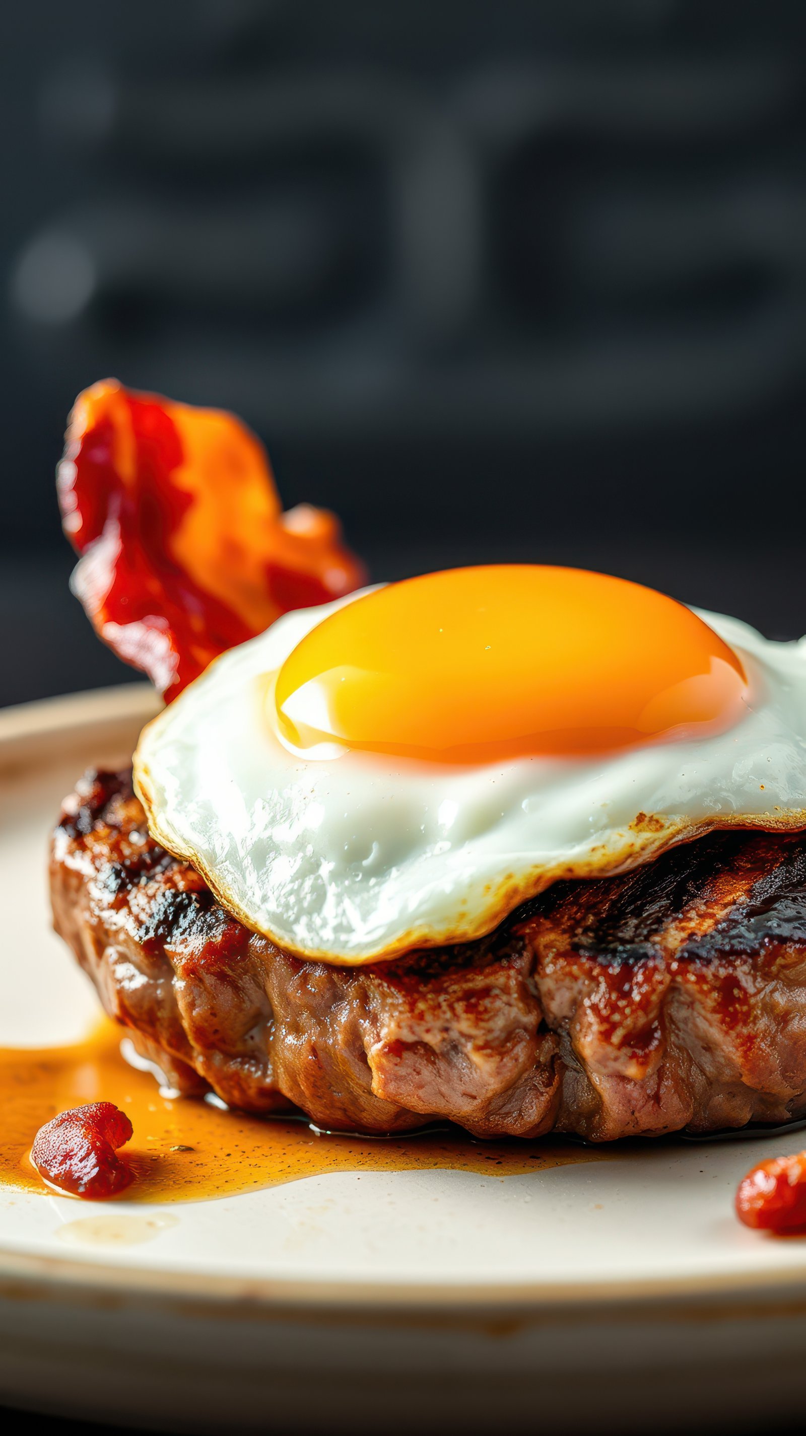 Juicy steak topped with a perfectly fried egg and crispy bacon, served on a plate for a hearty meal